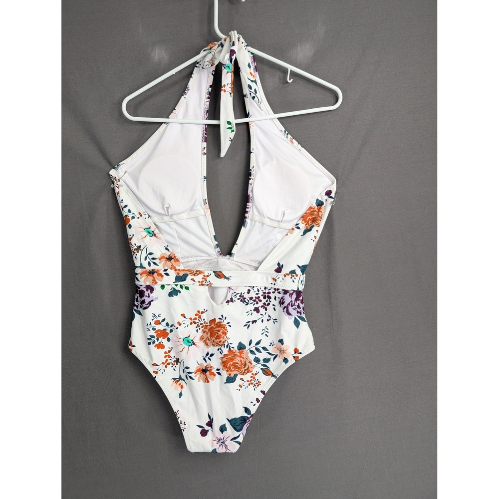 Cupshe Womens White Floral Halter One Piece Swimsuit AB20446M Medium